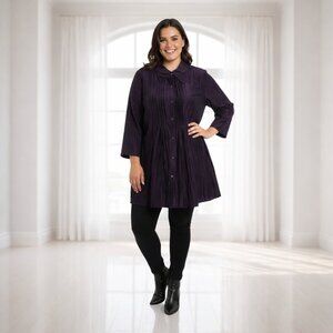 Noelle Plus Size 16 / 18 Crinkle Pleated Deep Plum Purple Long Button Down Shirt